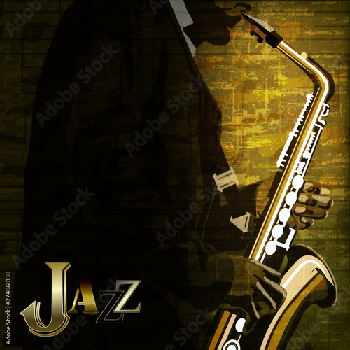 abstract music illustration with saxophone player on grunge background