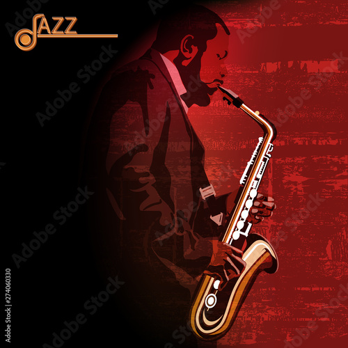 abstract music illustration with saxophone player on grunge background