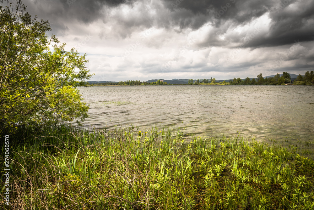 dramatic scenic view on beautiful intermittent lake cerknica, with water, spring season, slovenia