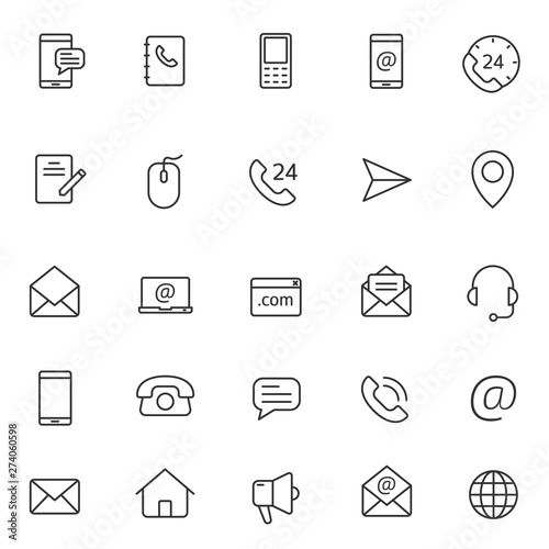 contact us outline vector icons large set isolated on white background. business communication concept. contact us line icons for web and ui design