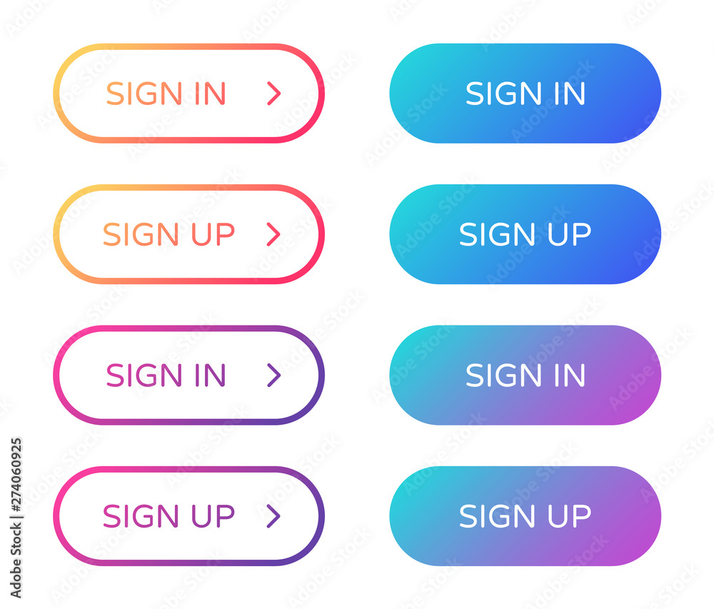 sign in sign up web buttons set. rounded vector buttons on trendy gradients with arrows for web and ui design. outline and filled ui web buttons in flat style sign in sign up web buttons set. rounded vector buttons on trendy gradients with arrows for web and ui design. outline and filled ui web buttons in flat style