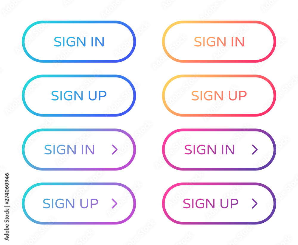 sign in sign up web buttons set. rounded vector buttons on trendy gradients with arrows for web and ui design. outline ui web buttons in flat style sign in sign up web buttons set. rounded vector buttons on trendy gradients with arrows for web and ui design. outline ui web buttons in flat style