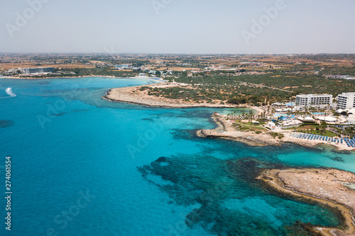 Beautiful aerial view of beautiful beach with blue ocean Mediterranean Sea