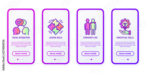 Social interaction of people with autism: communication, leisure skills, community use, conceptual skills. Thin line icons in mobile user interface. Modern vector illustration for medical app.