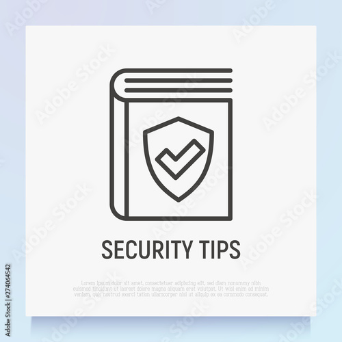 Safety tips thin line icon: book with shield with check mark. Modern vector illustration.