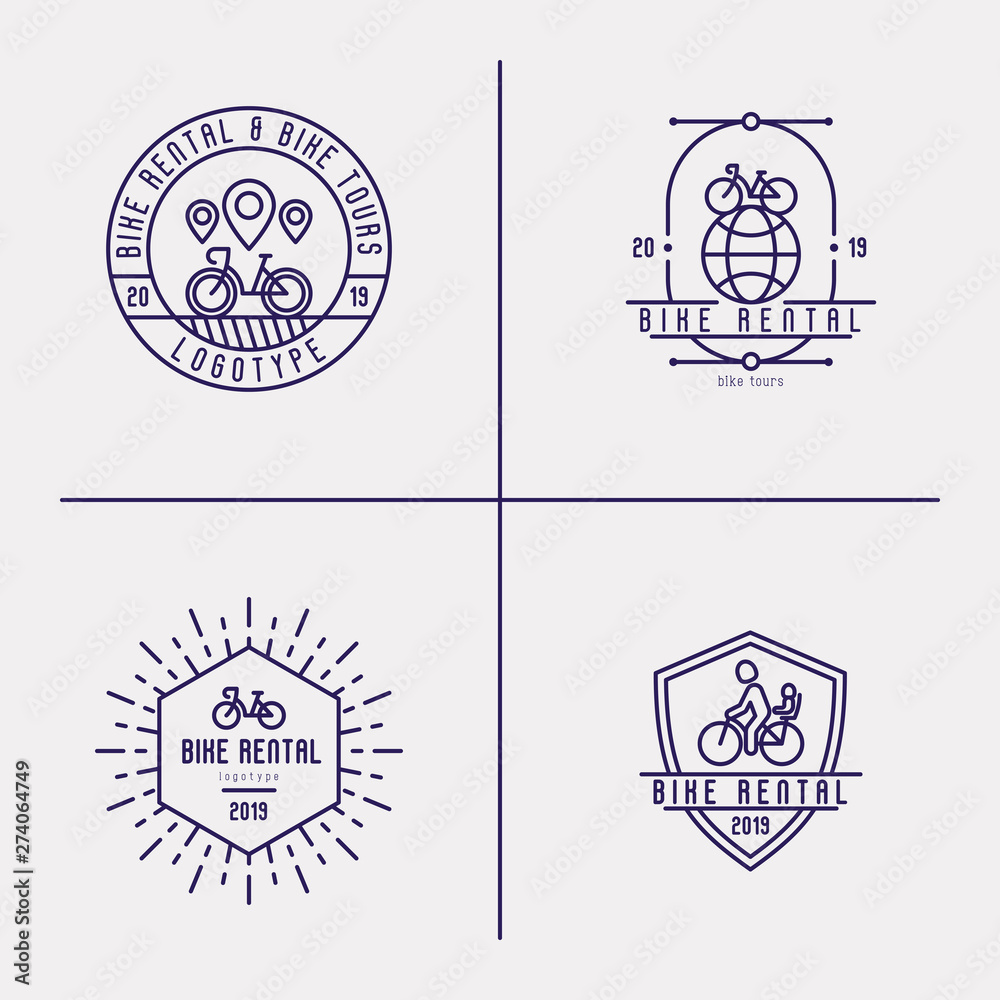 Logos for bike rental or organisation bike tours: bicycle with pointers, on globe, with child seat. Modern vector illustration.