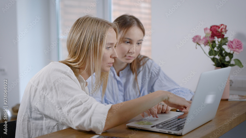 Portrait of a two young women sitting in kitchen and surfing web on laptop, having fun on internet, best friends. Portrait of a two young women sitting in kitchen and surfing web on laptop, having fun on internet, best friends.