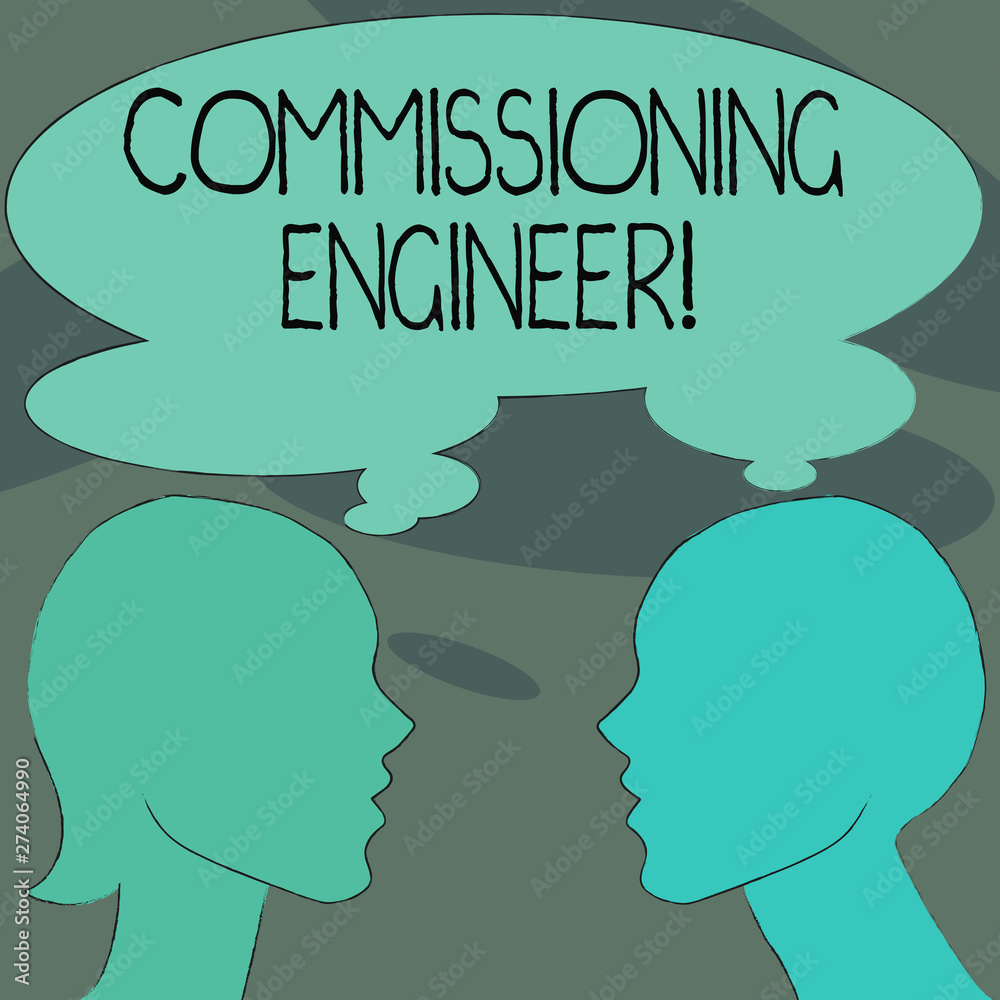 Handwriting text Commissioning Engineer. Concept meaning ensure all aspects of building are properly designed Silhouette Sideview Profile Image of Man and Woman with Shared Thought Bubble.