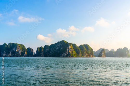 Beautiful scenery views cruising at Ha Long Bay, Hanoi, Vietnam. blue sky background summer season sunset emerald waters ocean sea, World Heritage Asia National Park Asian outdoors destinations