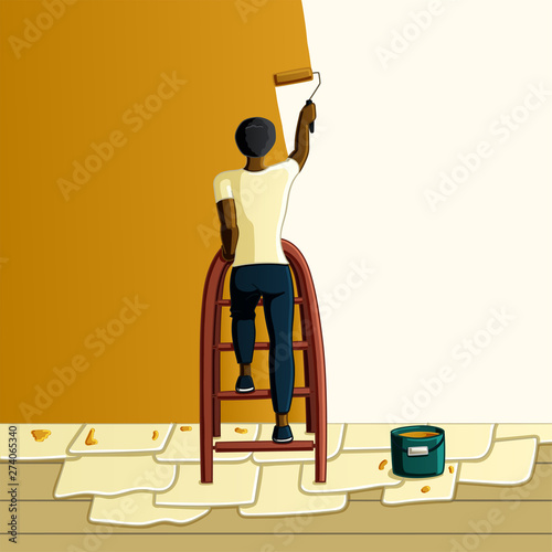 Black-haired African American man paints the wall in orange color standing on a stepladder in vector. The floor is covered with newspapers.