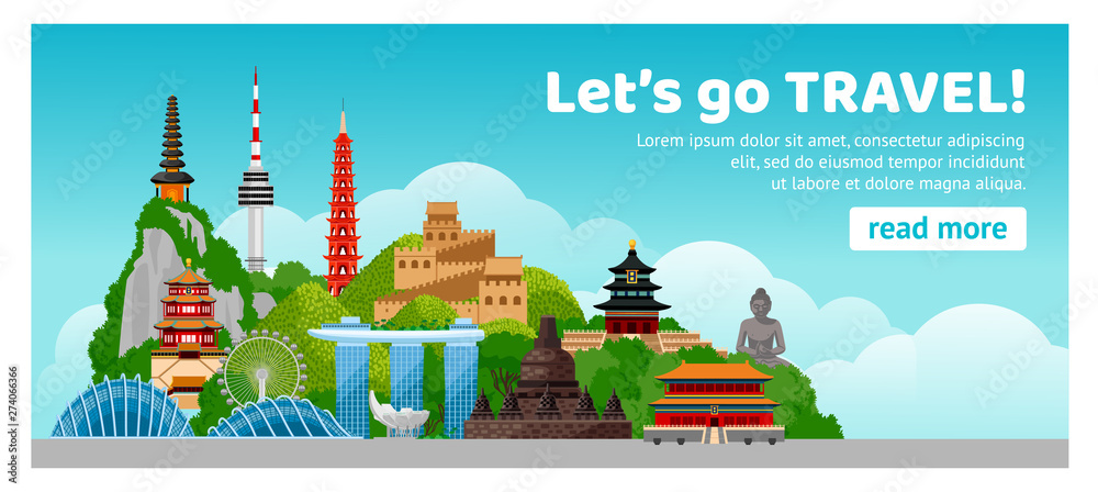 Asian travel. Detailed web horizontal poster. Composition with famous landmarks and large volume letters. Cartoon vector illustration.