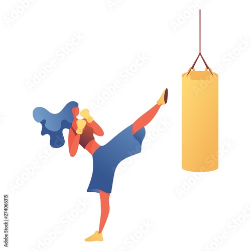 Young woman kickboxing training in gym. Vector isolated on white character doing boxing exercise with punching bag