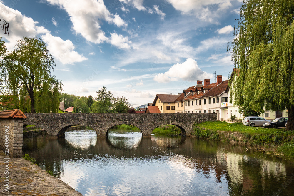 view on Ribnica old town with river Bistrica and medieval bridge, Slovenia