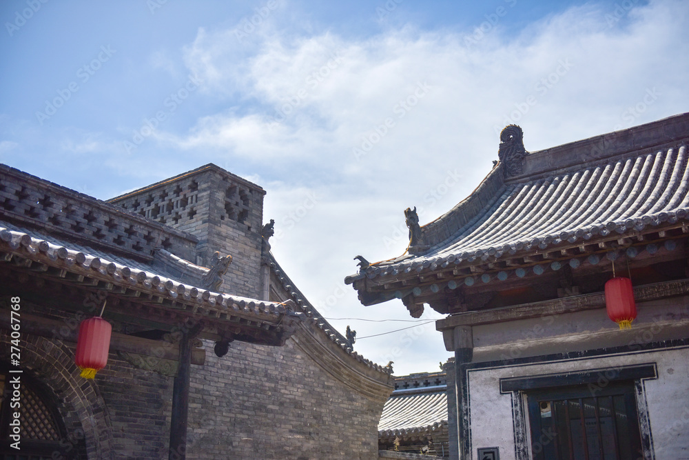 Ancient Chinese Architectural Gateway Wall under Clear Sky and White Cloud, Pingyao County, Jinzhong City, Shanxi Province, China