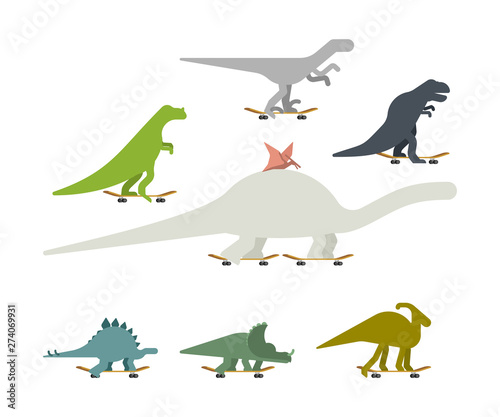 Dino on skateboard set. Dinosaur Skateboarder. Prehistoric lizard monster riding longboard