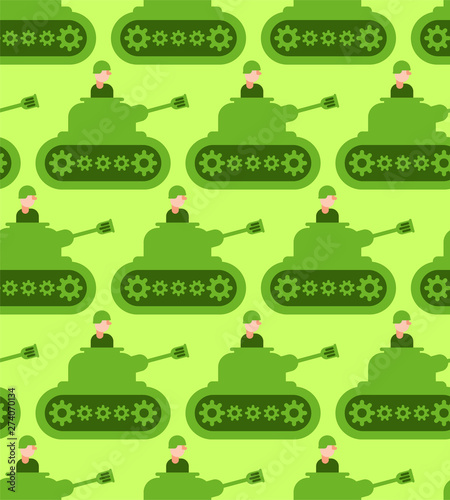 Cartoon tank and trooper pattern seamless. Childrens soldier background. Vector Texture. weapon attack ornament