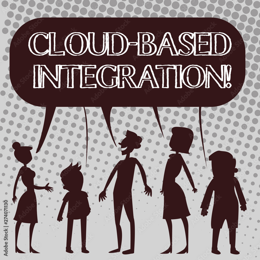 Handwriting text Cloud Based Integration. Concept meaning tools and technologies that connects applications Silhouette Figure of People Talking and Sharing One Colorful Speech Bubble. Handwriting text Cloud Based Integration. Concept meaning tools and technologies that connects applications Silhouette Figure of People Talking and Sharing One Colorful Speech Bubble.