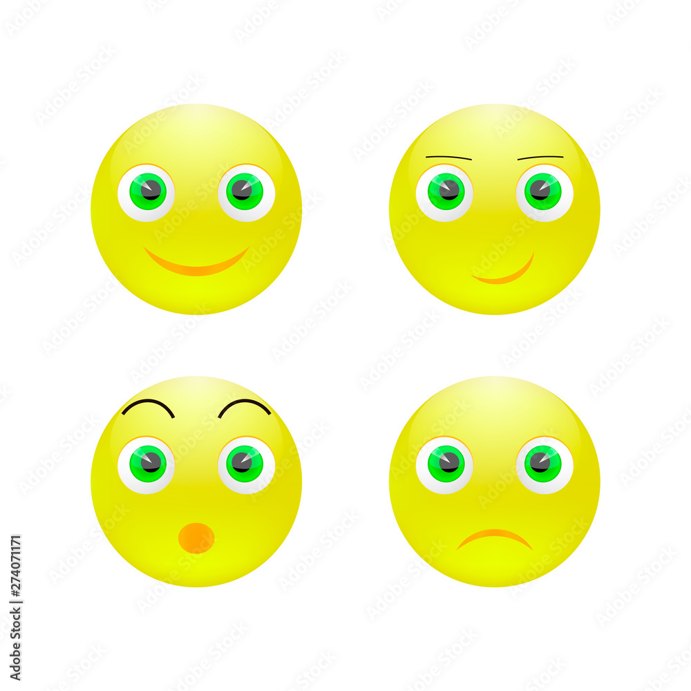 Set of smiley face icons or yellow emoticons with different facial expressions in glossy 3D realistic isolated in white background. Vector illustration Set of smiley face icons or yellow emoticons with different facial expressions in glossy 3D realistic isolated in white background. Vector illustration