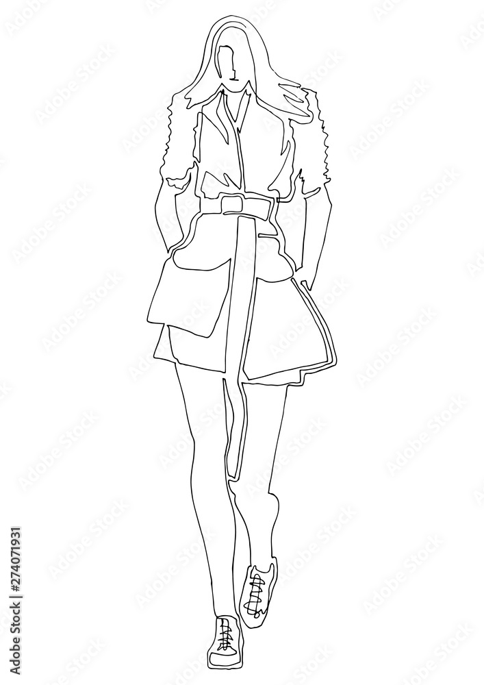 Fashion hand drawn model sketch posing. Woman in fashion clothes line sketch isolated figure. Fashion illustration runway model art black white minimalism art. Silhouette isolated for magazine 