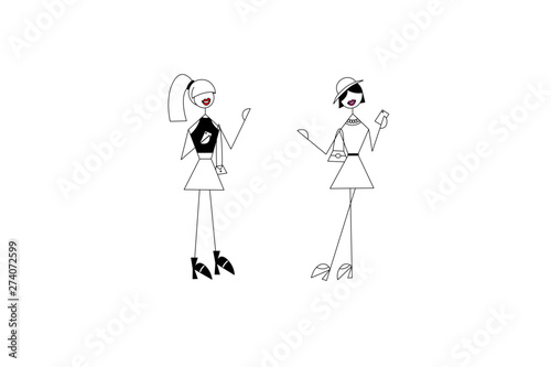 Two girls shopping in shopping mall, hand drawing illustrations vectors, 