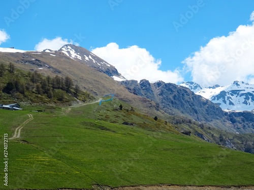 The mountains of the Italian Alps, in Val d'aosta, near the village of Chamois, Italy - June 2019.