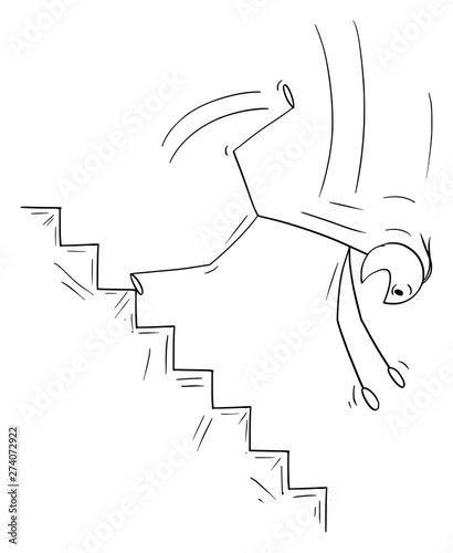 Vector cartoon stick figure drawing conceptual illustration of man or businessman falling down on dangerous stairs. Business concept of crisis and bankruptcy.
