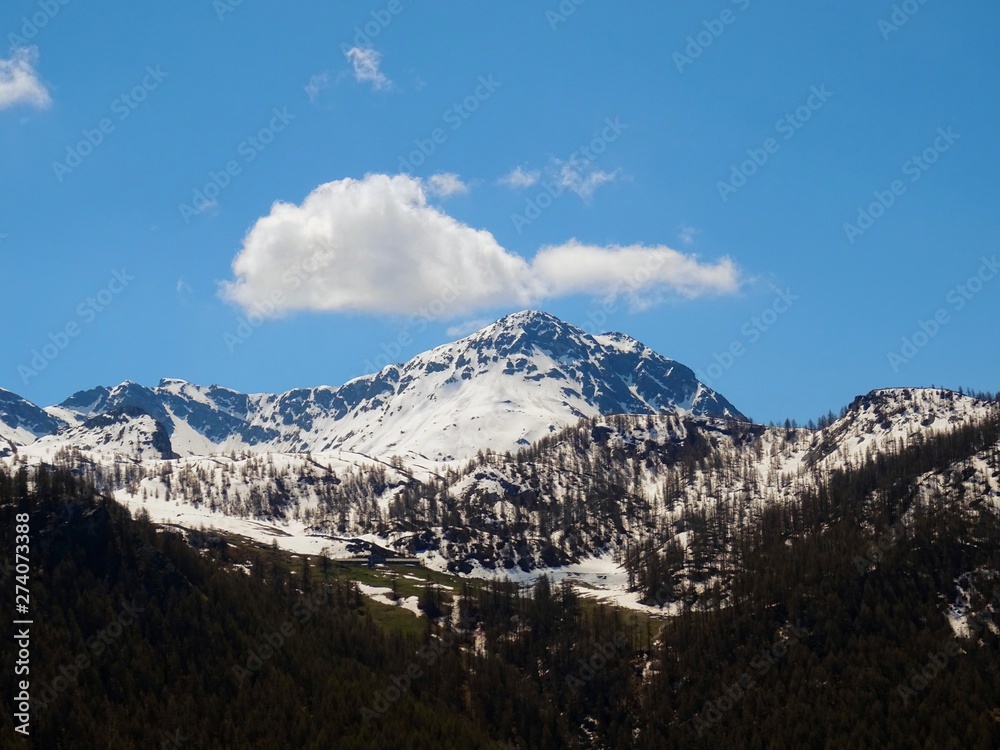 The mountains of the Italian Alps, in Val d'aosta, near the village of Chamois, Italy - June 2019.