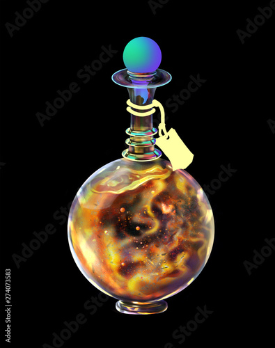 Isolated raster illustration, magic jar with water, wizardry transparent glass flask witth sun liquid, chaos potion inside the pot, creation, birth of the universe, worlds collection, empty tag photo