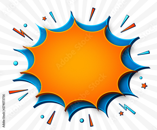 Comics background. Cartoon poster in pop art style with orange-blue speech bubbles with halftone and sound effects. Funny colorful banner with place for text on white backdrop with radial stripes