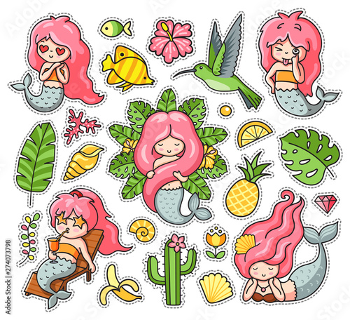 Little funny mermaids, hummingbird, fish, tropical leaves, fruits and sea shell. Set of summer cartoon stickers, patches, badges, pins and prints. Doodle style. Vector illustration