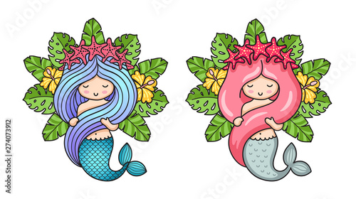 Princess mermaid in a wreath of starfish. Cute cartoon characters. Vector illustration for book, print, card, postcard, poster, t-shirt, tattoo.