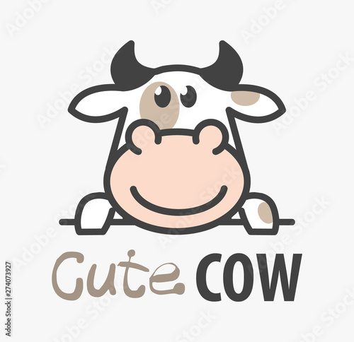 Vector Logo of сute funny smiling cartoon cow. Modern humorous logo template with image of the bull. Butchery logo. Can be use for advertising farm, market, butcher shop. 
