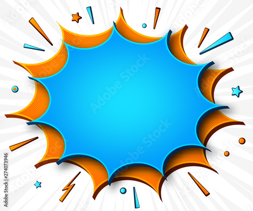 Comics background. Cartoon poster in pop art style with orange-blue speech bubbles with halftone and sound effects. Funny colorful banner with place for text on white backdrop with radial stripes