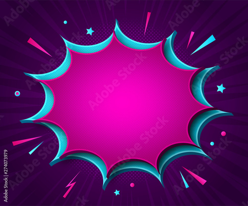 Comics background. Cartoon poster in pop art style with purple -blue speech bubbles with halftone and sound effects. Funny colorful banner with place for text on violet backdrop with radial stripes