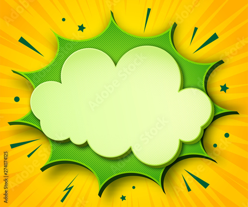 Comics background. Cartoon poster in pop art style with yellow-greenspeech bubbles with halftone and sound effects. Funny colorful banner with place for text on yellow backdrop with radial stripes