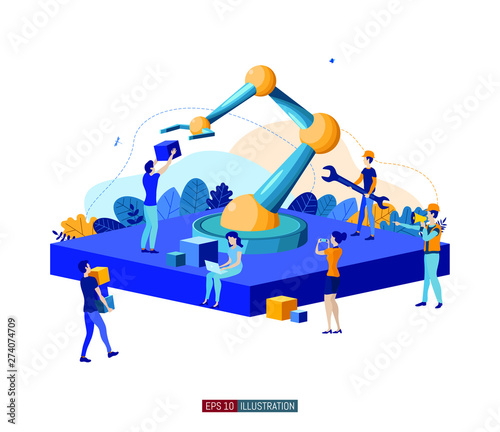 Trendy flat illustration. People are working on the creation and implementation of a robotic system. Robotization. Automation. Technology. Template for your design works. Vector graphics.