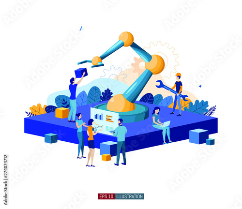 Trendy flat illustration. People are working on the creation and implementation of a robotic system. Robotization. Automation. Technology. Template for your design works. Vector graphics.