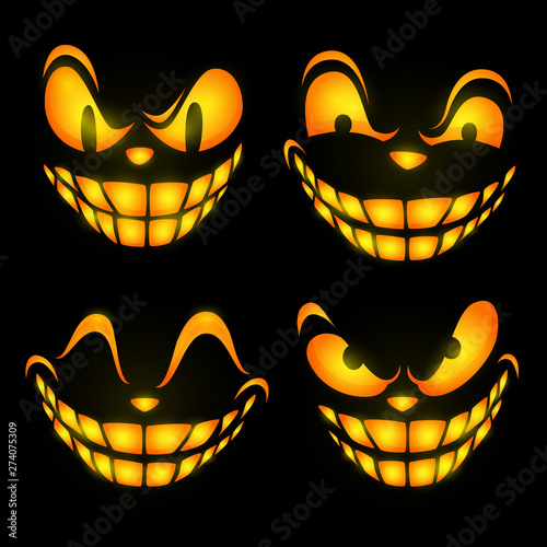 Ominous face expressions. Set of glowing eyes and teeth of cartoon character. Can be used for topics like horror, spooky face, mystery
