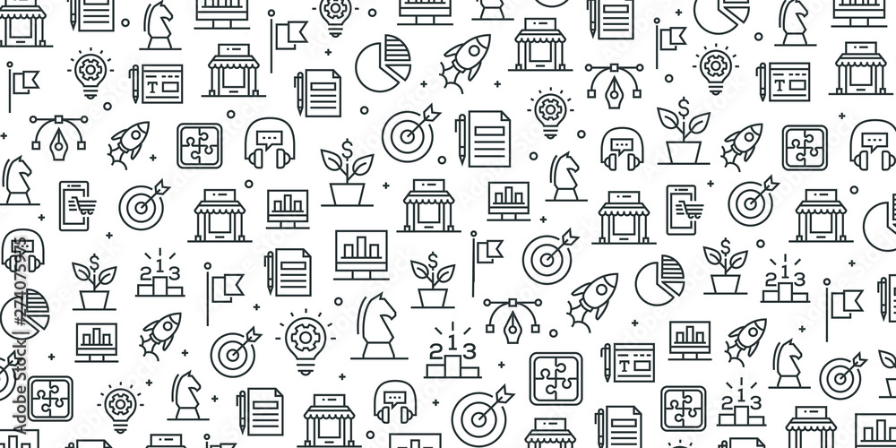 Different line style icons seamless pattern. Bussines, managment template.  Business strategy wallpaper. Black and white marketing seamless pattern.  7481168 Vector Art at Vecteezy