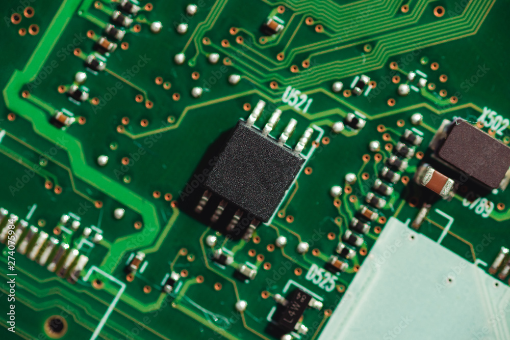 Obraz premium Macro photo of laptop microcircuits close up