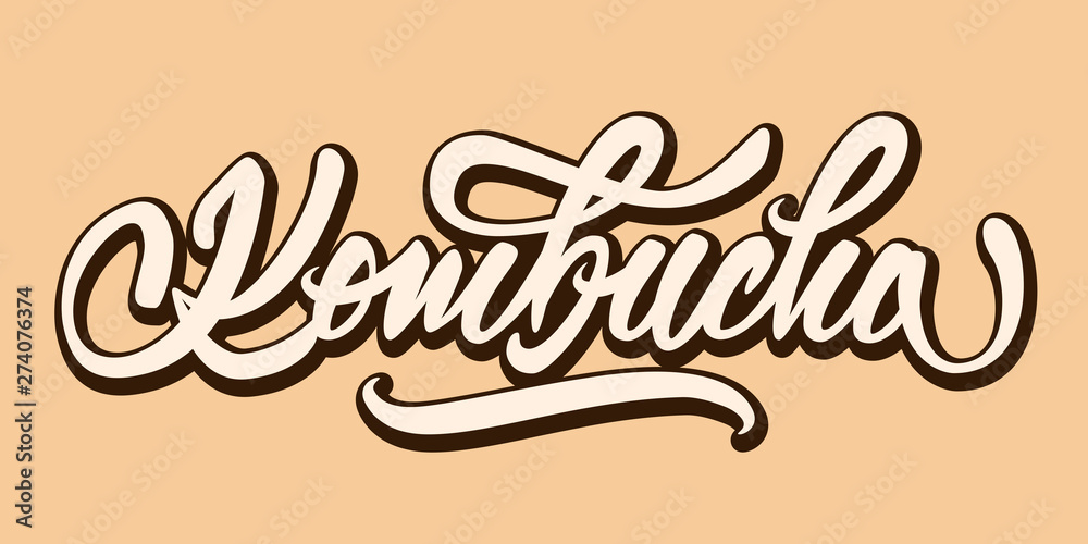 Kombucha - hand lettering logo. Text design for logo, print, badge, packaging, label aso. Vector illustration. Kombucha - hand lettering logo. Text design for logo, print, badge, packaging, label aso. Vector illustration.