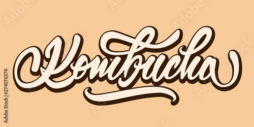 Kombucha - hand lettering logo. Text design for logo  print  badge  packaging  label aso. Vector illustration.