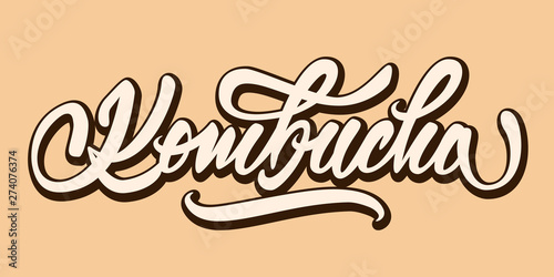 Kombucha - hand lettering logo. Text design for logo, print, badge, packaging, label aso. Vector illustration.