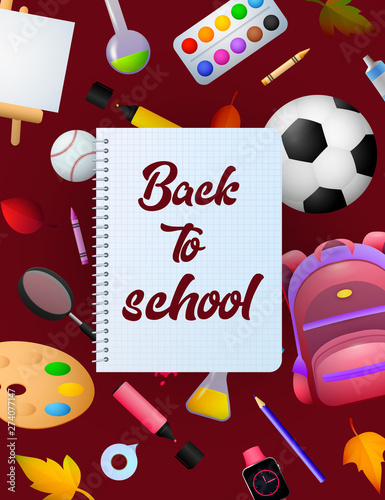 Back to school lettering on copybook paper sheet, backpack, paints. Offer or sale advertising design. Handwritten text, calligraphy. For leaflets, brochures, invitations, posters or banners.