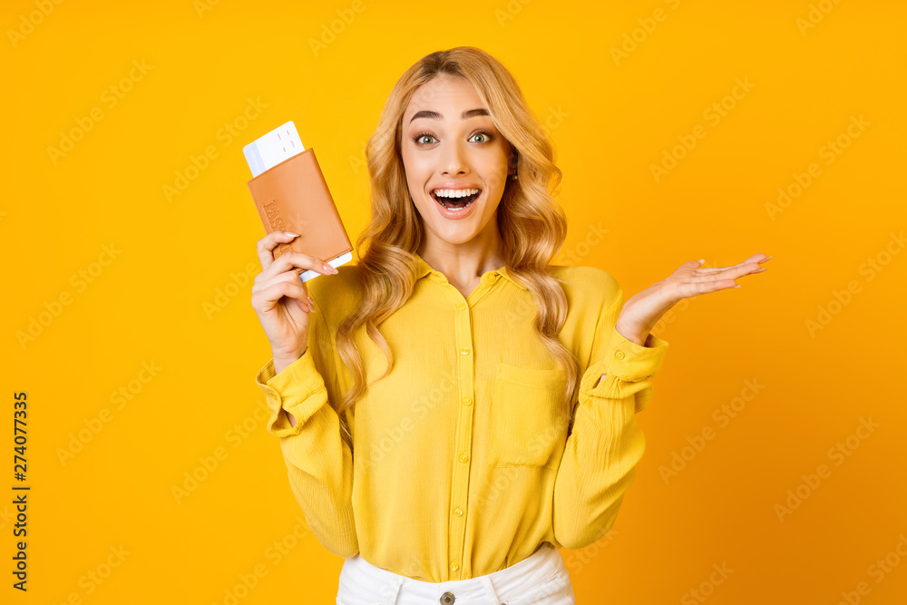 Happy Woman Holding Traveling Tickets And Passport Happy Woman Holding Traveling Tickets And Passport