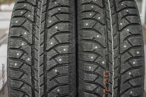 two winter studded tires  close-up