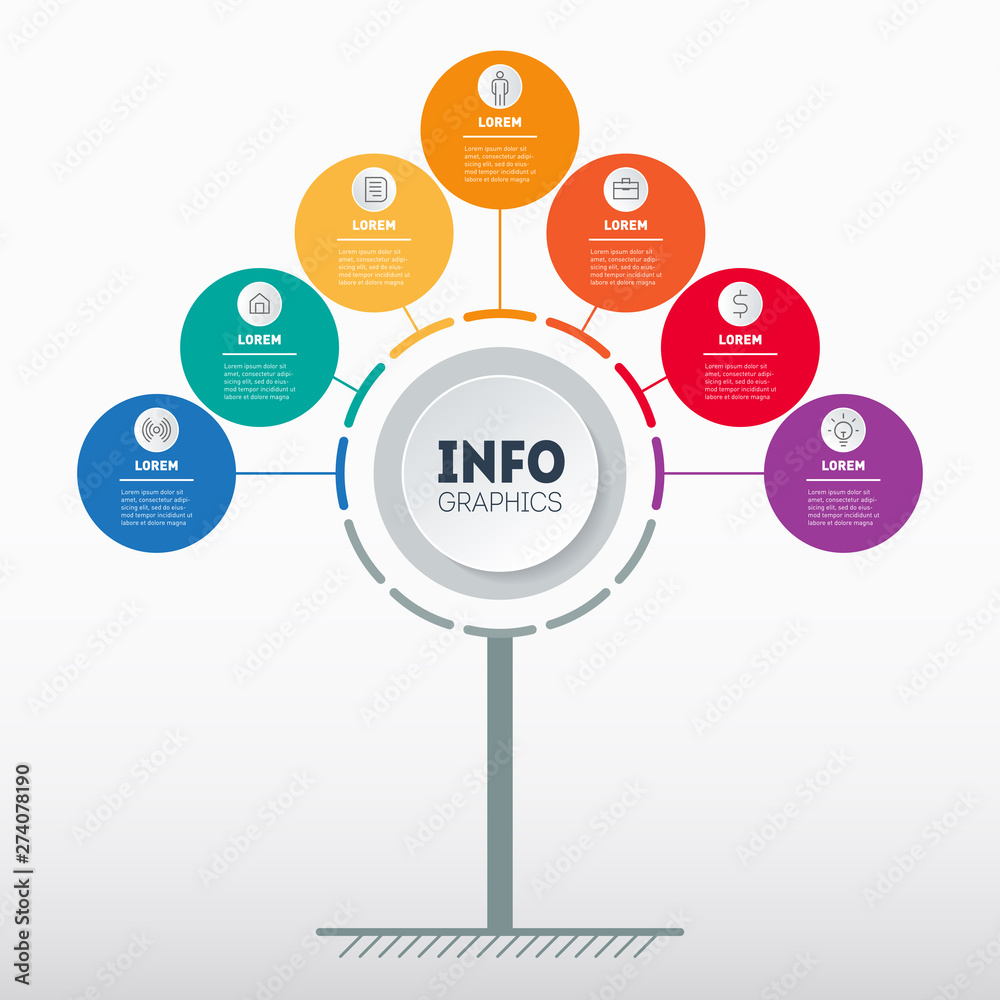 Business presentation or infographics concept with 7 options. Template of tree, info chart or diagram. Vector info graphic of technology or education process with seven steps. Business presentation or infographics concept with 7 options. Template of tree, info chart or diagram. Vector info graphic of technology or education process with seven steps.