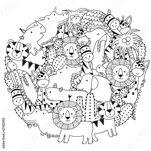 Circle shape coloring page with funny safari animals. Black and white print