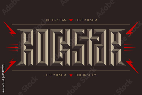 Rockstar - music poster with red lightnings and stars. Rock Star - t-shirt design. 3D letters. T-shirt apparels cool print.