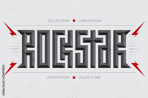 Rockstar - music poster with red lightnings and stars. Rock Star - t-shirt design. T-shirt apparels cool print. Three-dimensional letters.